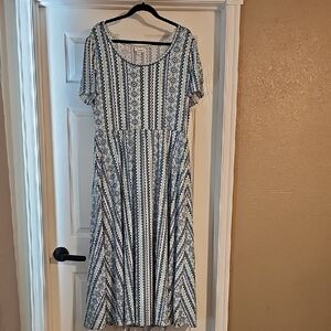 LuLaRoe Blue and White Patterned Midi Dress